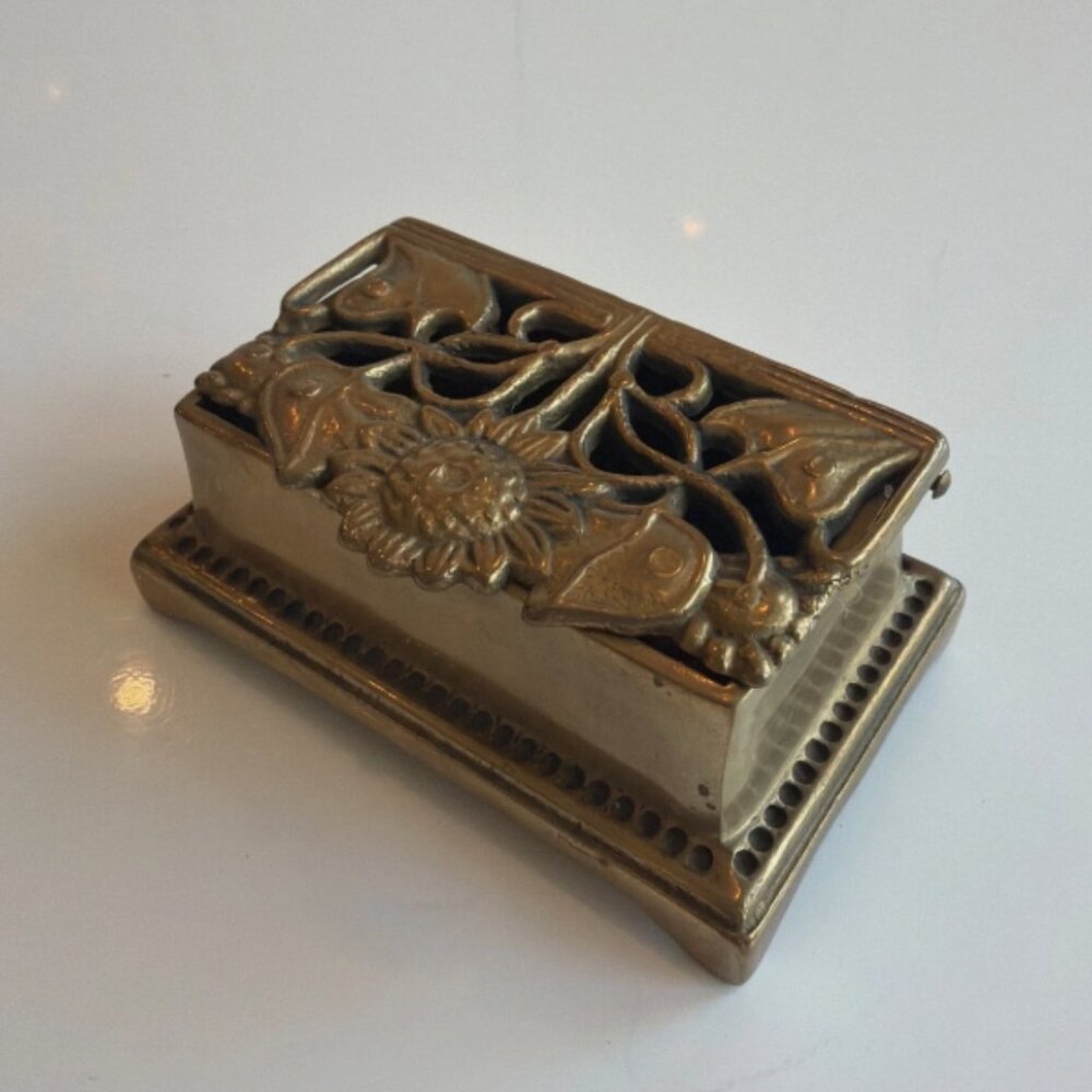 Open Work Lid Brass Stamp Holder Box Vintage 1960s Art Nouveau Style